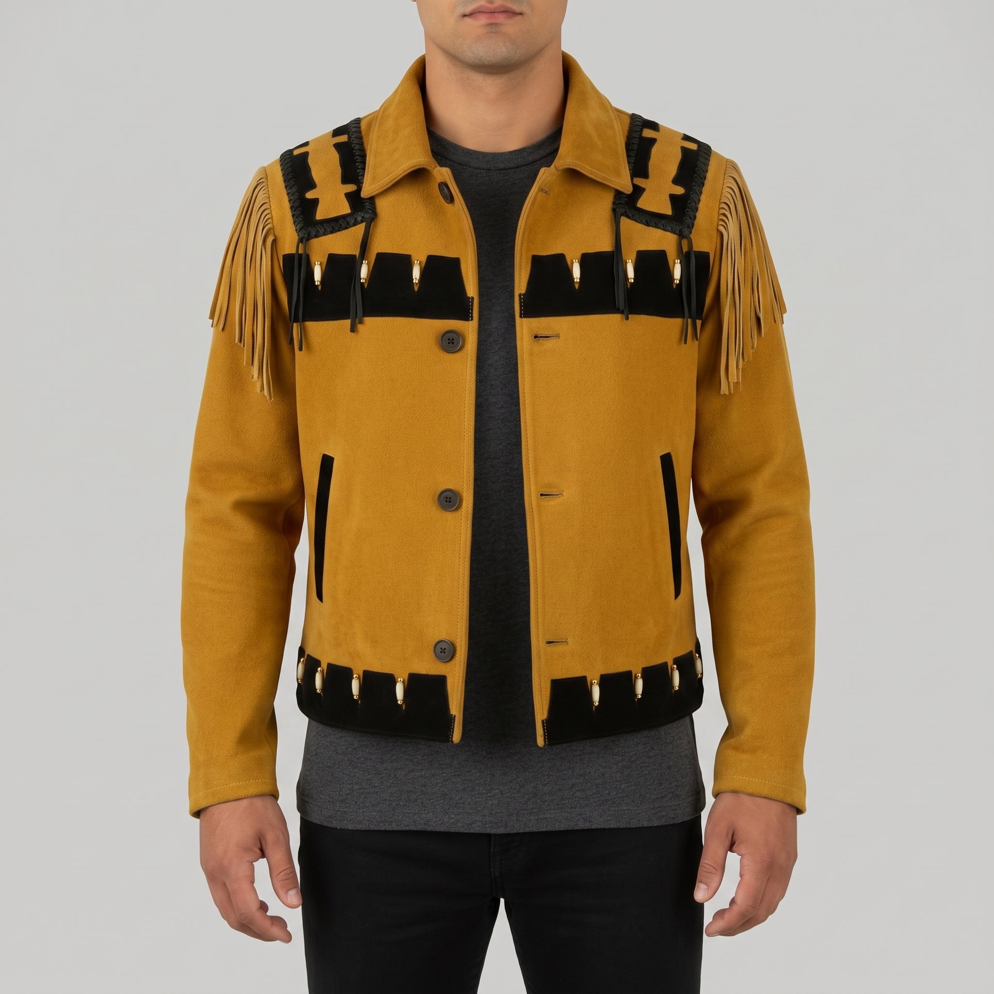 Men's Mustard Yellow and Black Fringed Suede Trucker Jacket — Hurlingham
