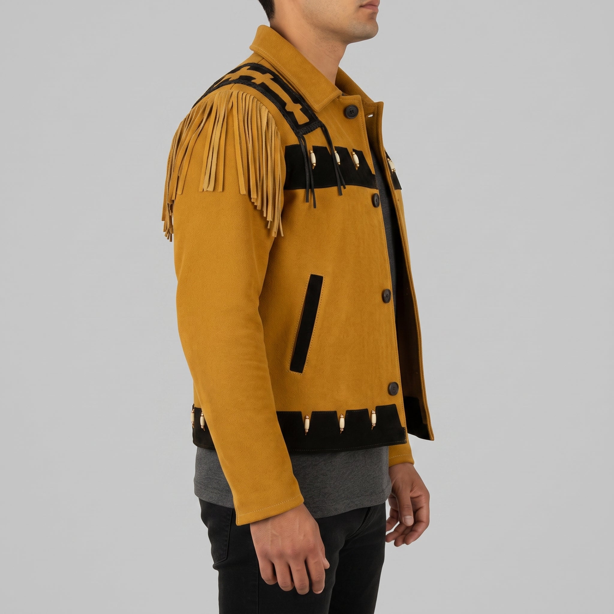 Men's Mustard Yellow and Black Fringed Suede Trucker Jacket — Hurlingham