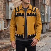 Men's Mustard Yellow and Black Fringed Suede Trucker Jacket — Hurlingham