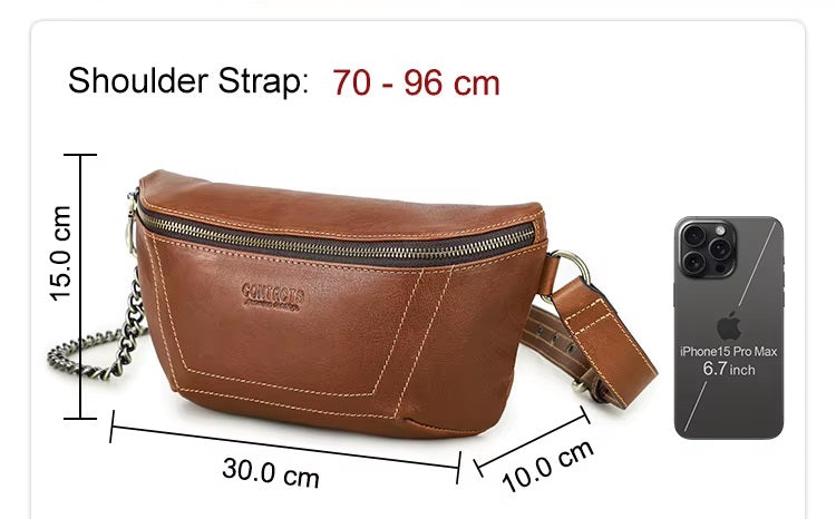 Women's Edgy Genuine Leather Chain Sling Fanny Pack,  Fashionable Sling Bag