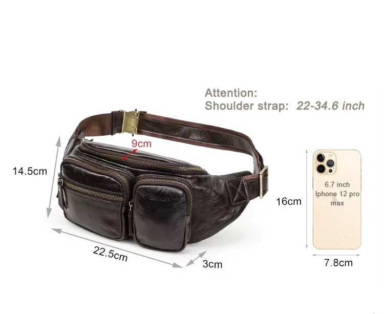 Men's Stylish Leather Fanny Pack, Multi-Zippered Chest Bag for Everyday Use