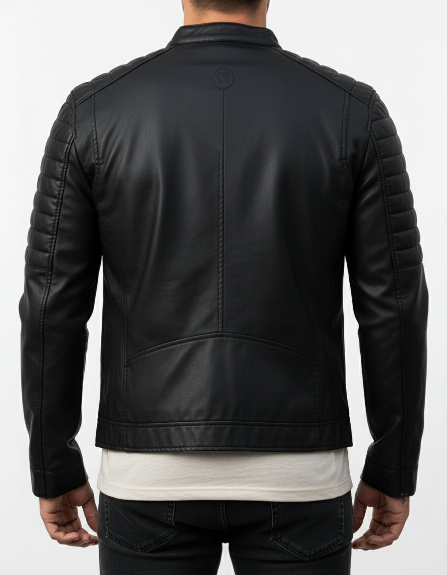 model-back-details - Black Color slim fit Leather Jacket for Mens, Genuine Leather Jacket