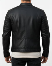 model-back-details - Black Color slim fit Leather Jacket for Mens, Genuine Leather Jacket