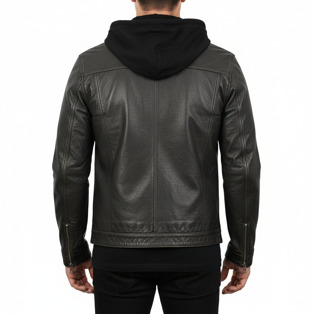 model-back-details - Black Leather Jacket with Hoodie, Men Winter Fashion Leather Jacket