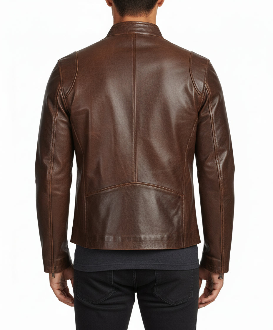 model-back-details - Classic Men antique Brown leather bomber jacket, Men biker leather jacket