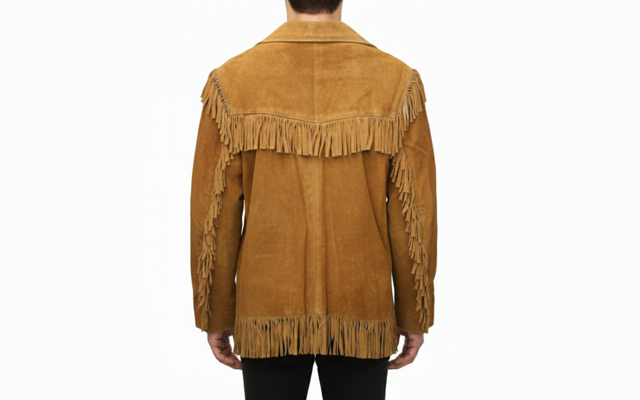 model-back-details - Cowboy Suede Leather Jacket for Men, Tan Cowboy Fringe Jacket, Stylish Western Jacket for Men