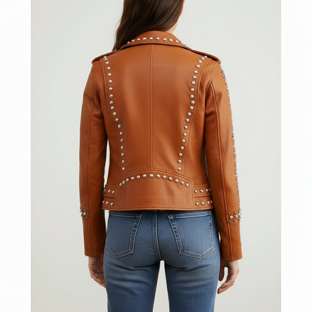 Handmade Gothic Women Brown Leather Studded Jacket, Rock Style