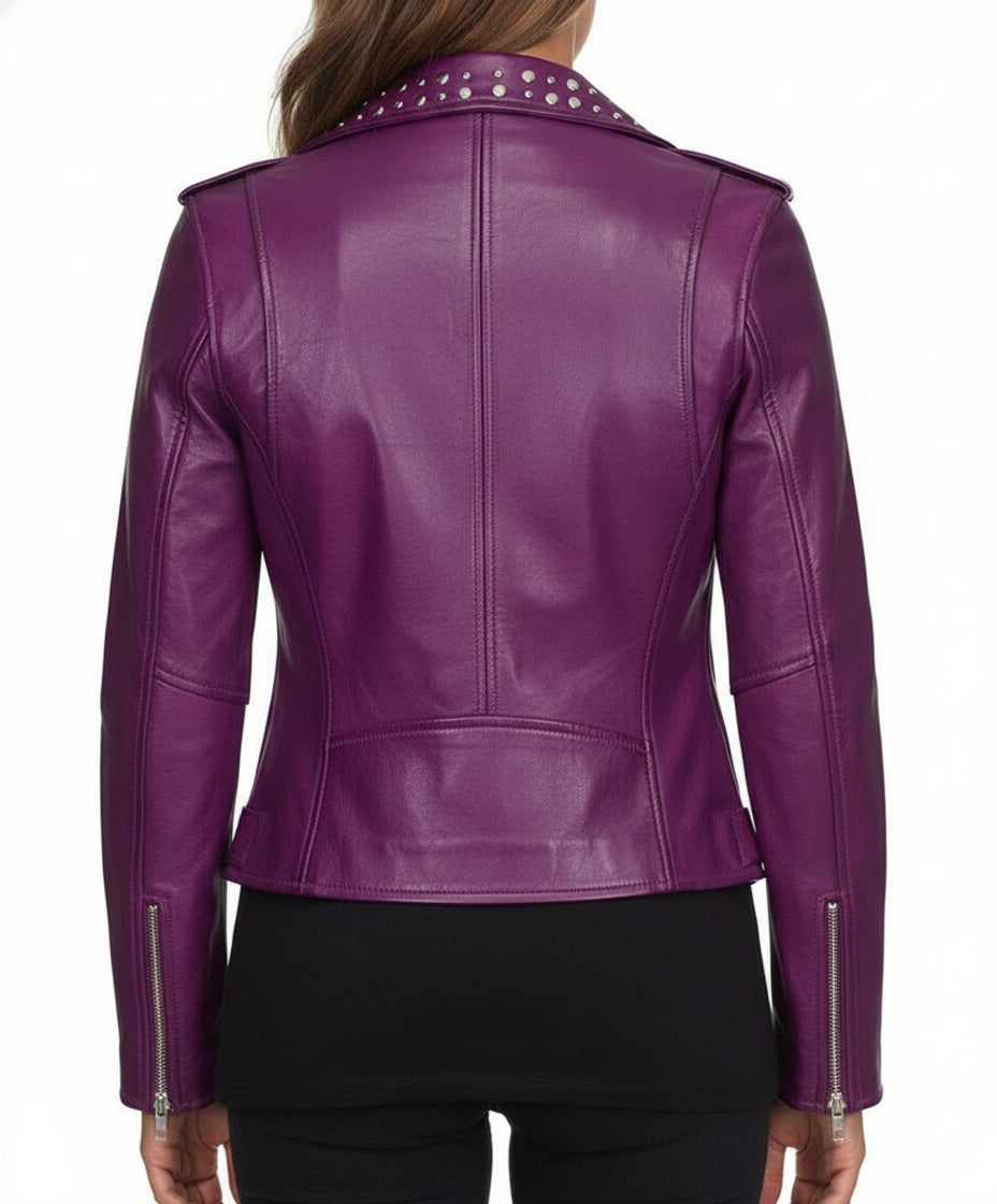model-back-details - Gothic Women Purple Leather Studded Biker Jacket, Women Biker Jacket