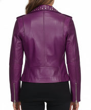 model-back-details - Gothic Women Purple Leather Studded Biker Jacket, Women Biker Jacket