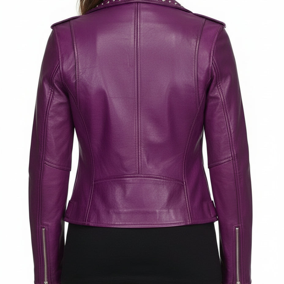 model-back-details - Gothic Women Purple Leather Studded Biker Jacket, Women Biker Jacket