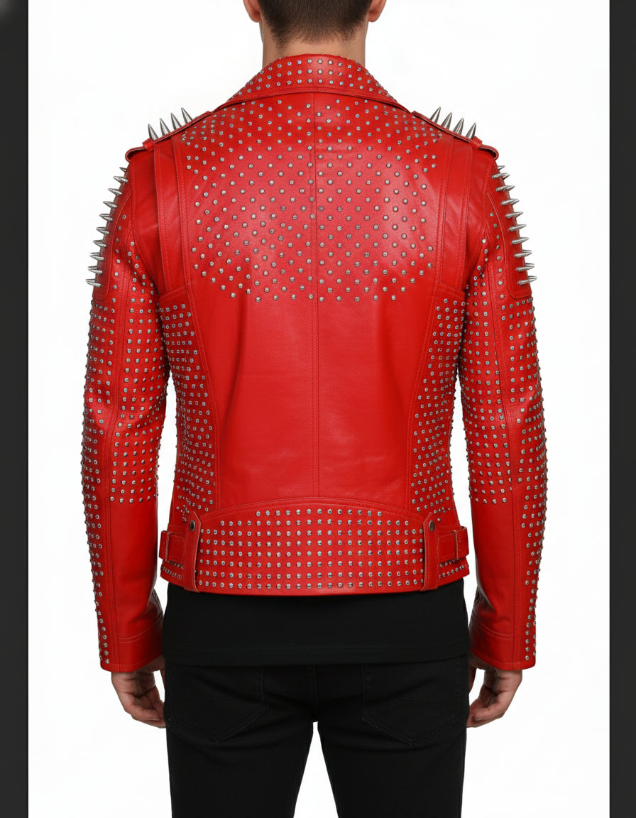 model-back-details - Hand Studded Red spiked leather jacket for men, Rivet Punk studded jacket
