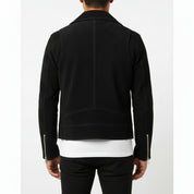 model-back-details - Handmade Men Front Zipper Fasten Black Suede Biker Jackets, Real Suede