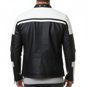 model-back-details - Handmade Mens black and white slim fit biker jacket, Men leather Jacket
