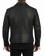 model-back-details - Handmade Men's Black Biker Leather Jacket, Black Sheep Leather Motorcycle Jacket for Men