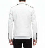 model-back-details - Handmade Mens Fashion White Biker Jacket, Mens White Studded belted Jacket