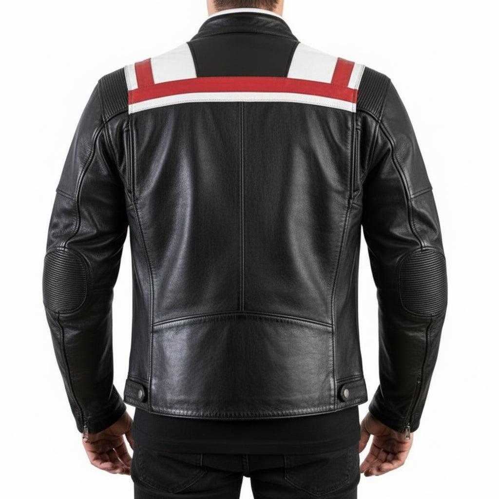 model-back-details - Handmade Mens Two tone biker Jacket, Men black Brando motorcycle Jacket