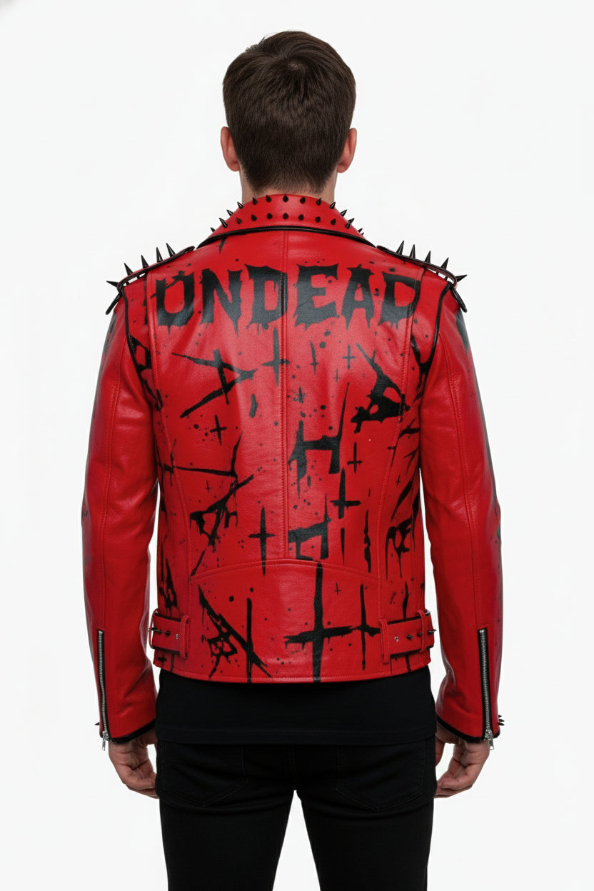 model-back-details - Handmade Red Sinner leather jacket, men punk style fashion jacket
