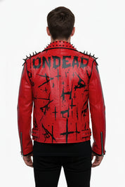 model-back-details - Handmade Red Sinner leather jacket, men punk style fashion jacket