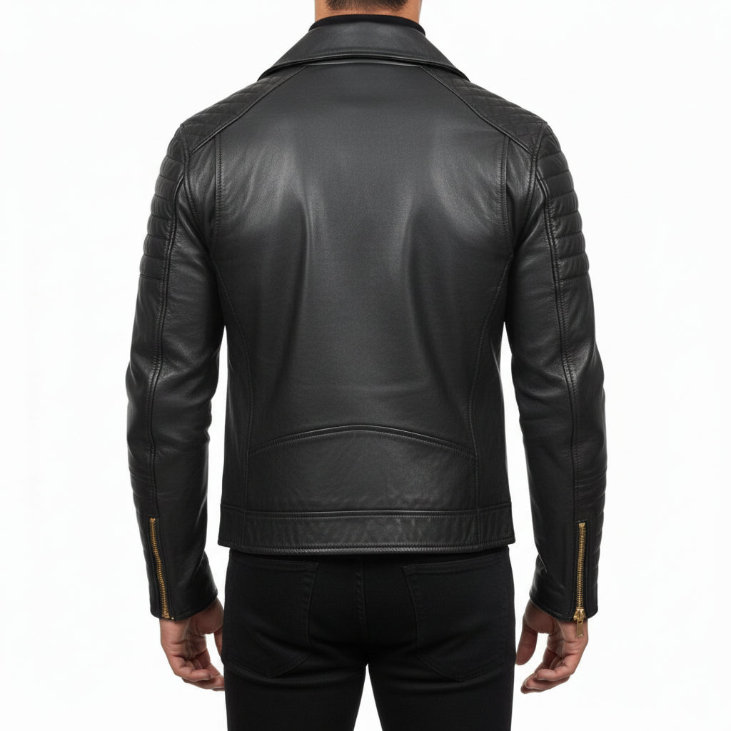 model-back-details - Man Black Motorcycle Fashion Leather Jacket Men Biker Style Fashion Jacket