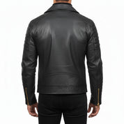 model-back-details - Man Black Motorcycle Fashion Leather Jacket Men Biker Style Fashion Jacket