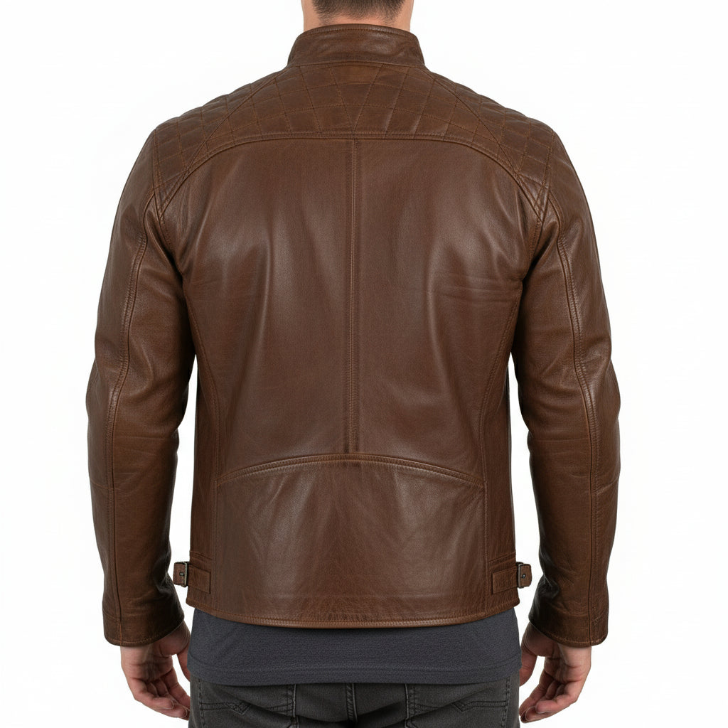 model-back-details - Men Antique Brown Leather Jacket, Brown Biker Leather Jacket