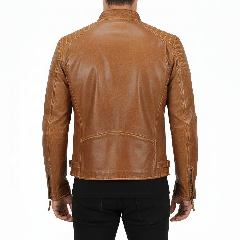 model-back-details - Men antique brown leather jacket, Men tan brown biker leather jacket