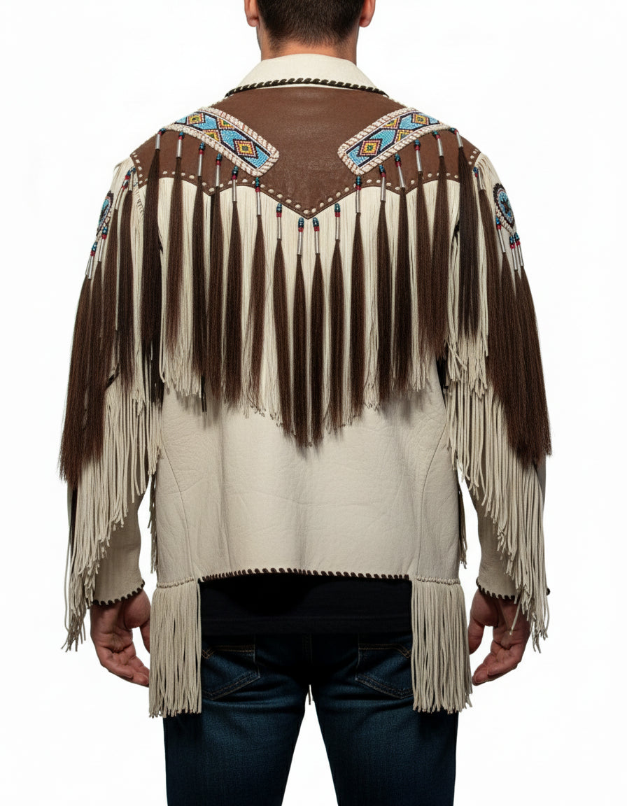 model-back-details - Men Beige Finished Cow Leather Jacket Beads & Long Fringe Work On Jackets