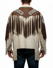 model-back-details - Men Beige Finished Cow Leather Jacket Beads & Long Fringe Work On Jackets
