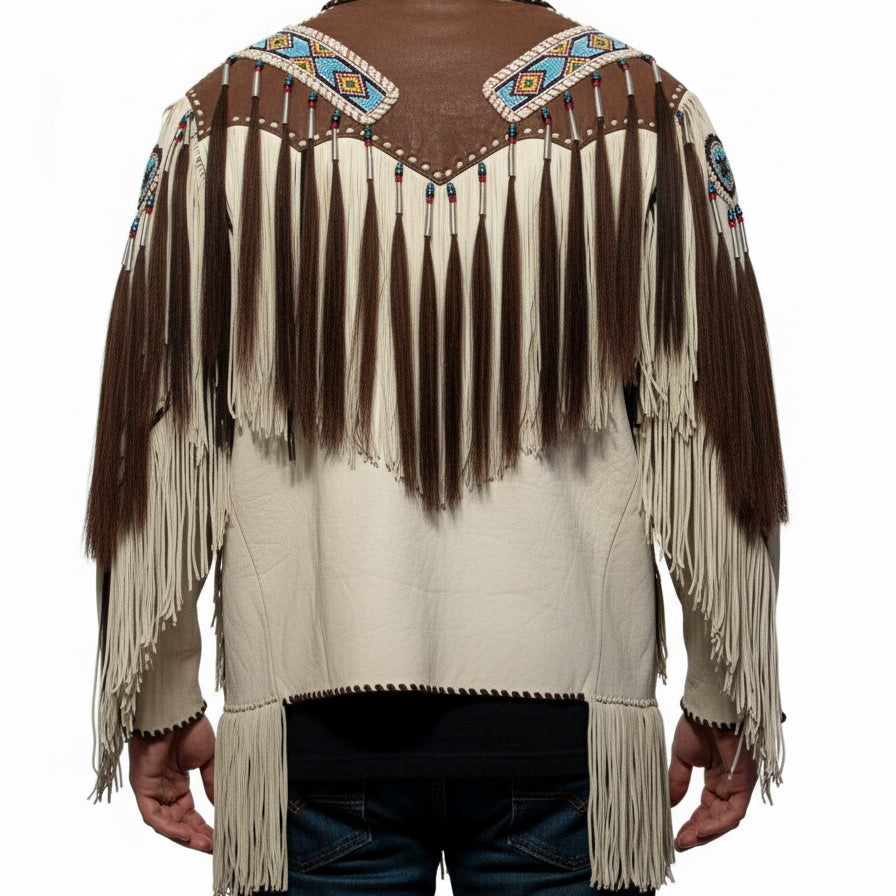 model-back-details - Men Beige Finished Cow Leather Jacket Beads & Long Fringe Work On Jackets