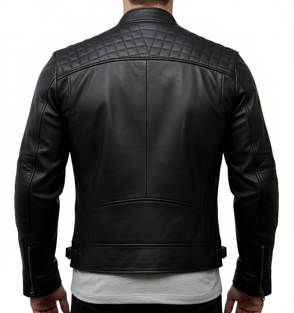 model-back-details - Men Black Biker Leather Jacket, Men's Stylish Black Sheep Leather Biker Jacket