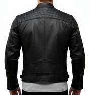 model-back-details - Men Black Biker Leather Jacket, Men's Stylish Black Sheep Leather Biker Jacket