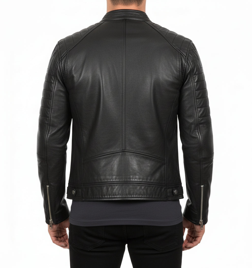 model-back-details - Men black brando leather jacket, Black biker jacket, Motorcycle jacket mens