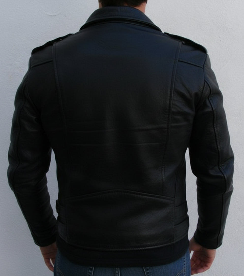 model-back-details - Men Black Color Biker Leather Jacket, Motorbike Leather Jacket