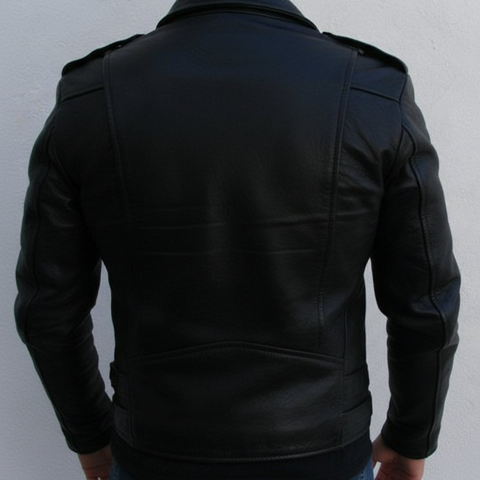 model-back-details - Men Black Color Biker Leather Jacket, Motorbike Leather Jacket