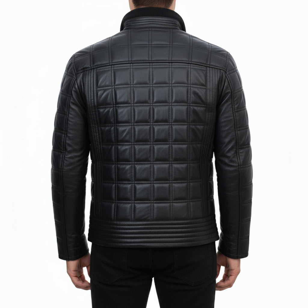 model-back-details - Men Black Lamb Skin Quilted leather Jacket, Men black quilted biker jacket