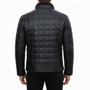 model-back-details - Men Black Lamb Skin Quilted leather Jacket, Men black quilted biker jacket