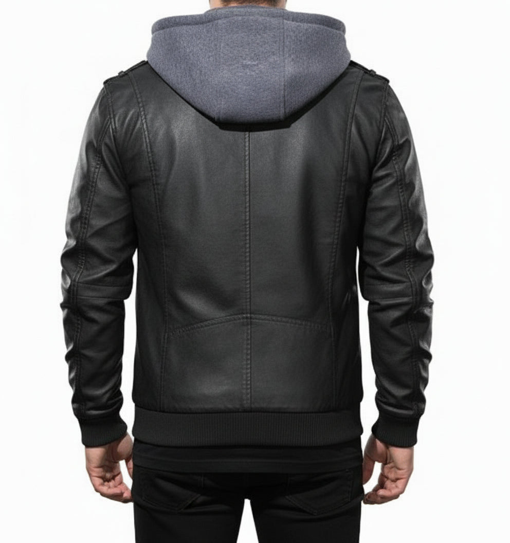 model-back-details - Men Black Leather Bomber Style Leather Jacket with Hoodie, Baseball Jackets