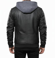 model-back-details - Men Black Leather Bomber Style Leather Jacket with Hoodie, Baseball Jackets