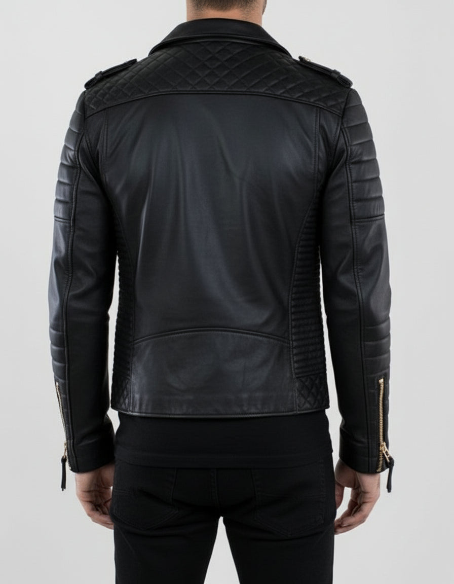 model-back-details - Men Black Leather Motorcycle Jacket, Winter Fashion Leather Jacket for men