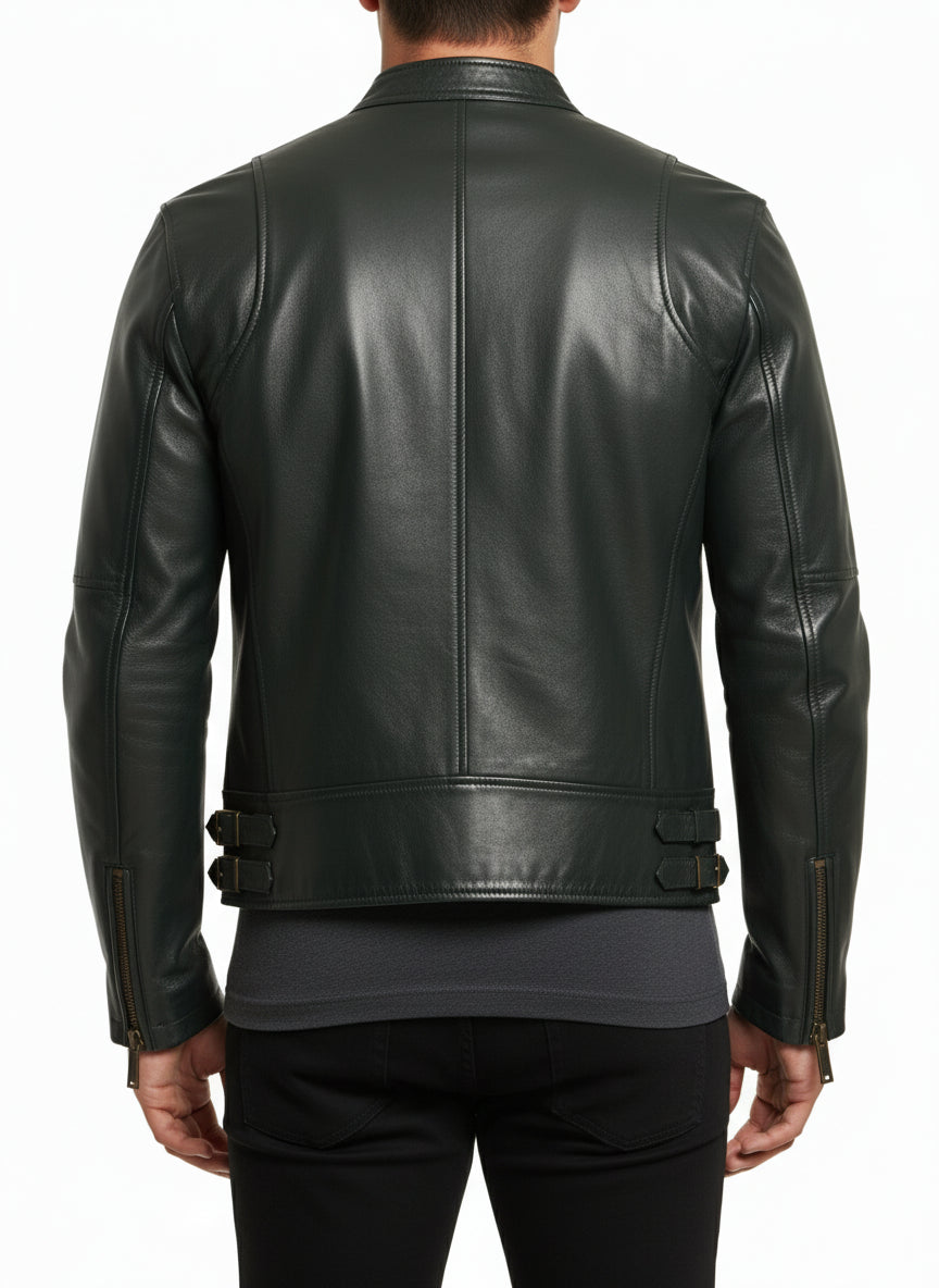 model-back-details - Men Black leather slim fit jacket, Men biker jacket, Motorcycle jacket