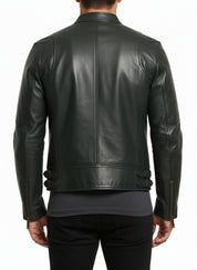 model-back-details - Men Black leather slim fit jacket, Men biker jacket, Motorcycle jacket