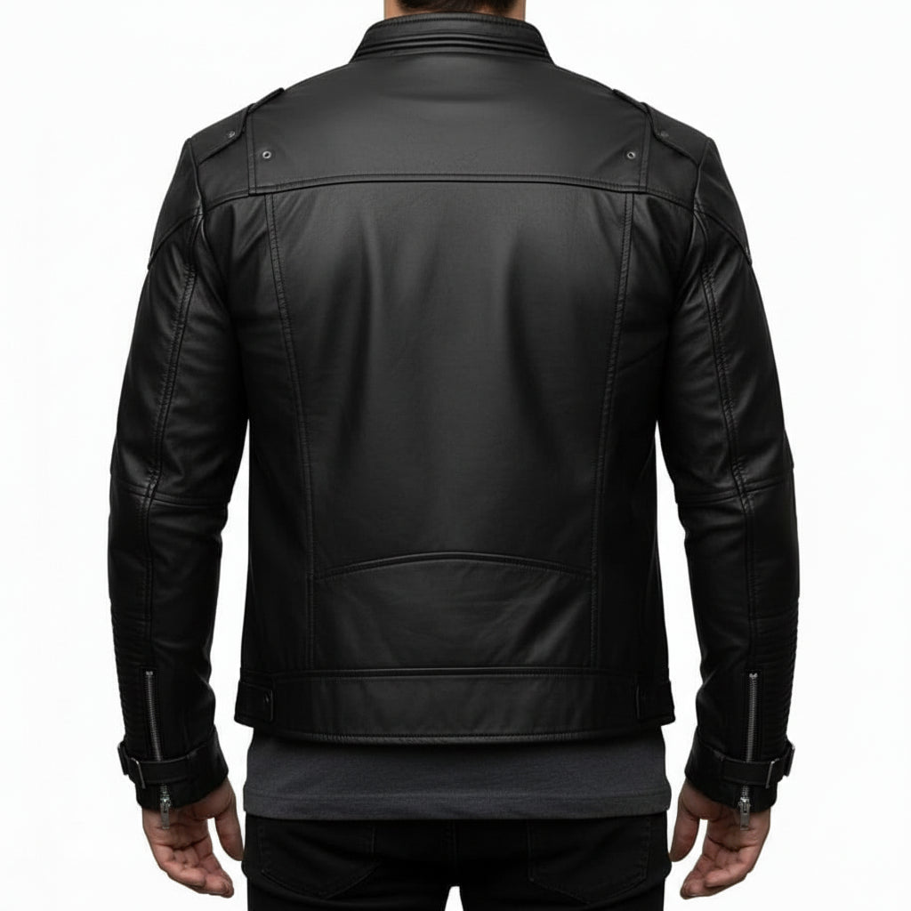 model-back-details - Men black sheep leather bomber leather jacket, Men black biker jacket