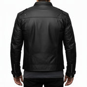 model-back-details - Men black sheep leather bomber leather jacket, Men black biker jacket
