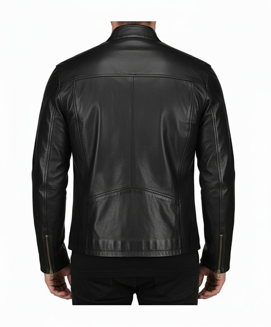 model-back-details - Men black sheep leather Jacket, Men motorcycle jacket, Biker jacket for men