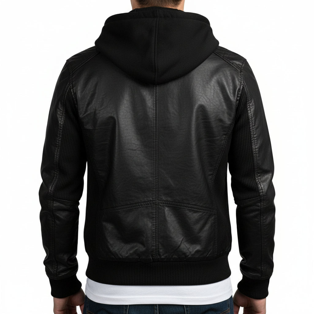 model-back-details - Men Black Slim Fit Fabric Hooded Jacket, Leather Hooded Jacket, Hoodies