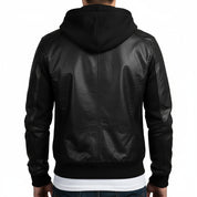model-back-details - Men Black Slim Fit Fabric Hooded Jacket, Leather Hooded Jacket, Hoodies