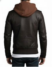 model-back-details - Men Brown Slim Fit Fabric Hooded Jacket, Leather Hooded Jacket, Hoodies