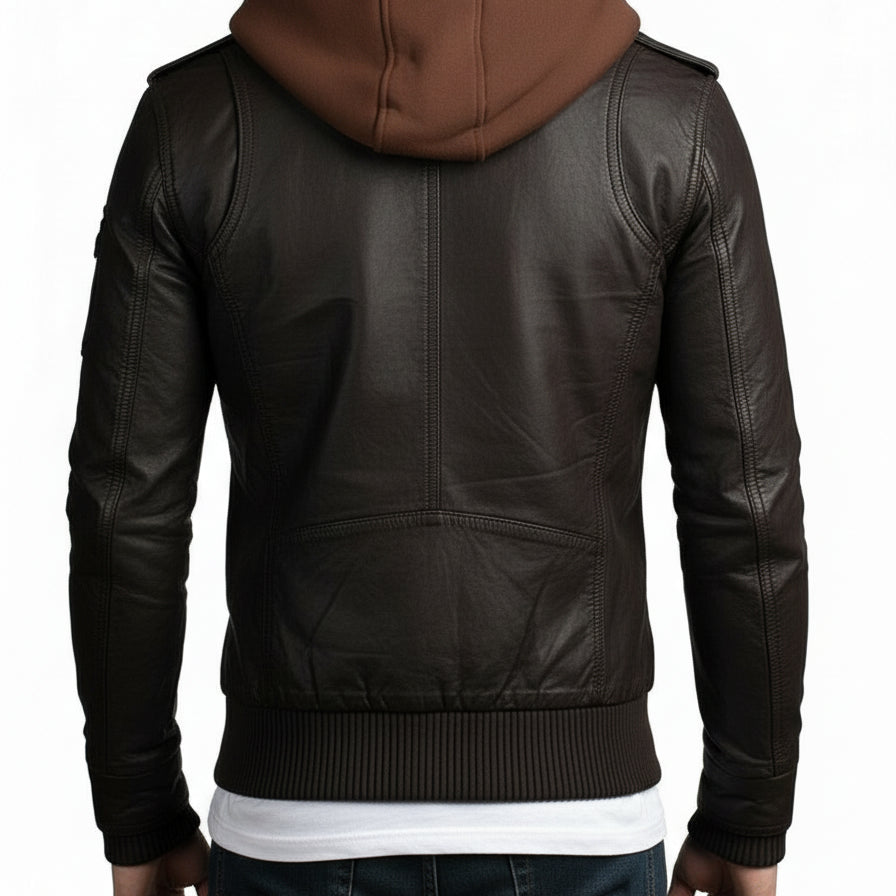 model-back-details - Men Brown Slim Fit Fabric Hooded Jacket, Leather Hooded Jacket, Hoodies