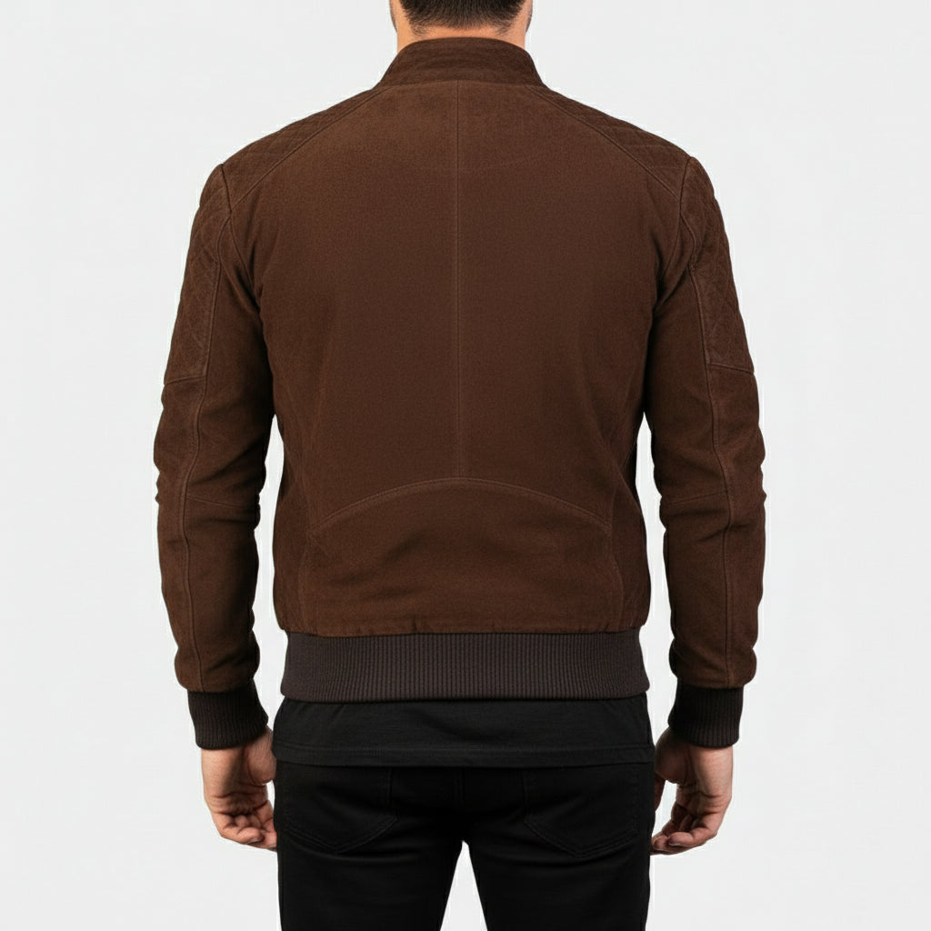 model-back-details - Men Brown suede slim fit jacket, Men brown suede biker jacket