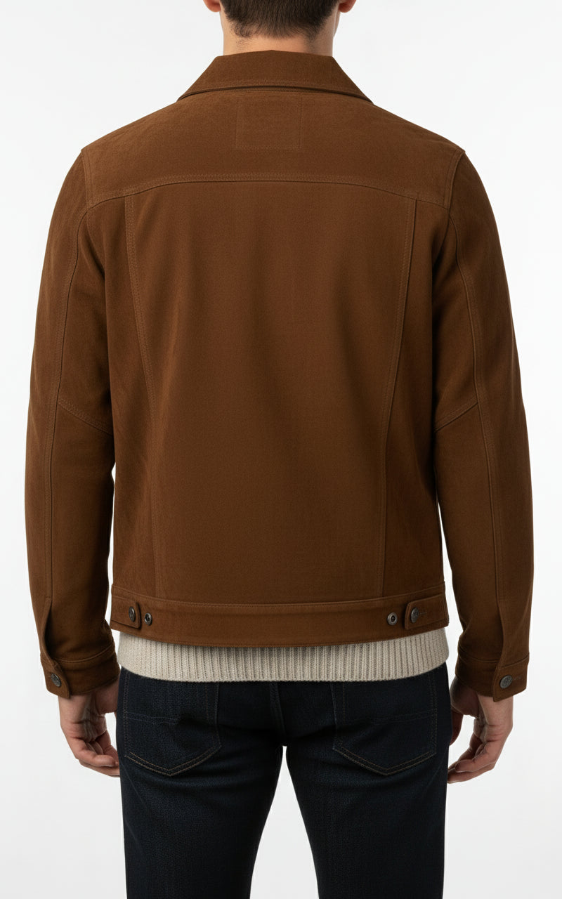 model-back-details - Men brown suede trucker jacket, Men trucker suede shirt collared jacket